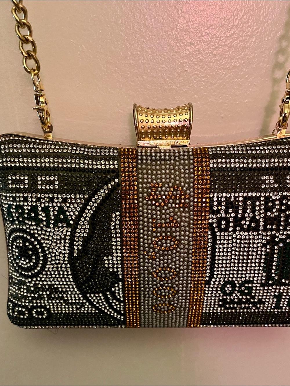 Rhinestone Embellished Money-Motif Crossbody Bag - Black & Gold - Picture 5 of 5